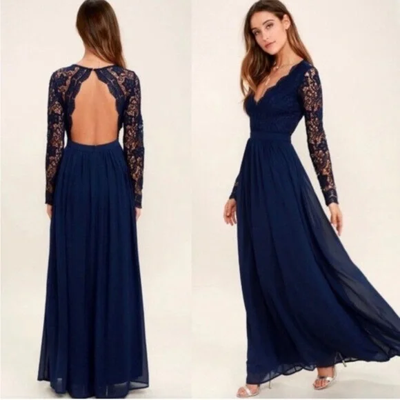 chinese dress ladies Navy Lace Top Maxi Dress with 3/4 Sleeves